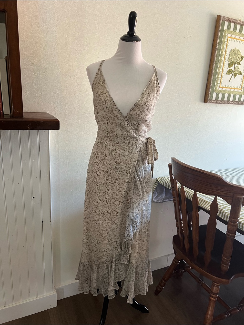 AllSaints Cream Wrap Midi Dress with Ruffle Hem
